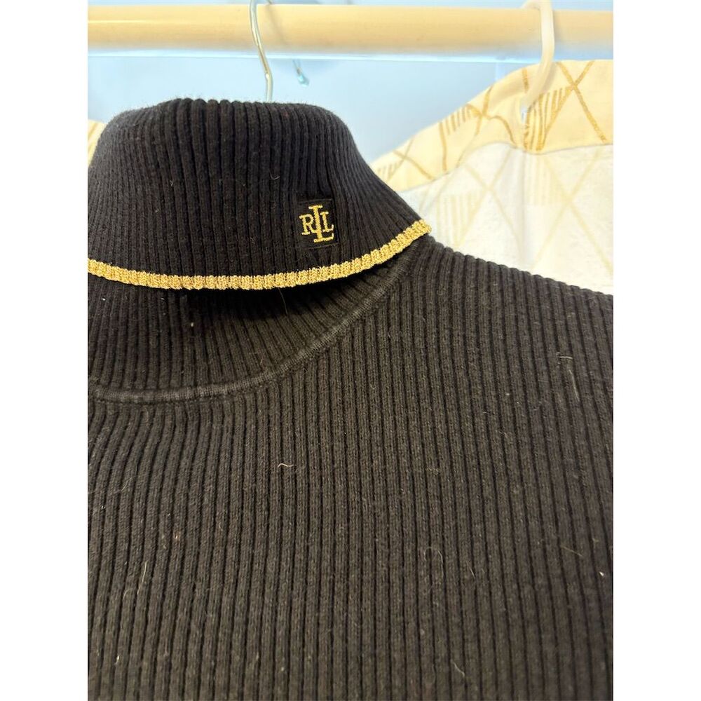 Lauren Ralph Lauren Women Black Turtleneck Sweater Size Medium, Gold Logo & Trim - Picture 2 of 8